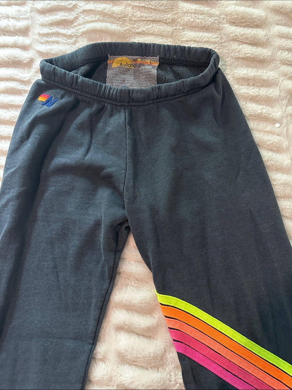 Aviator Nation Dark Gray Leggings with Neon Rainbow Stripe 5 Stripe